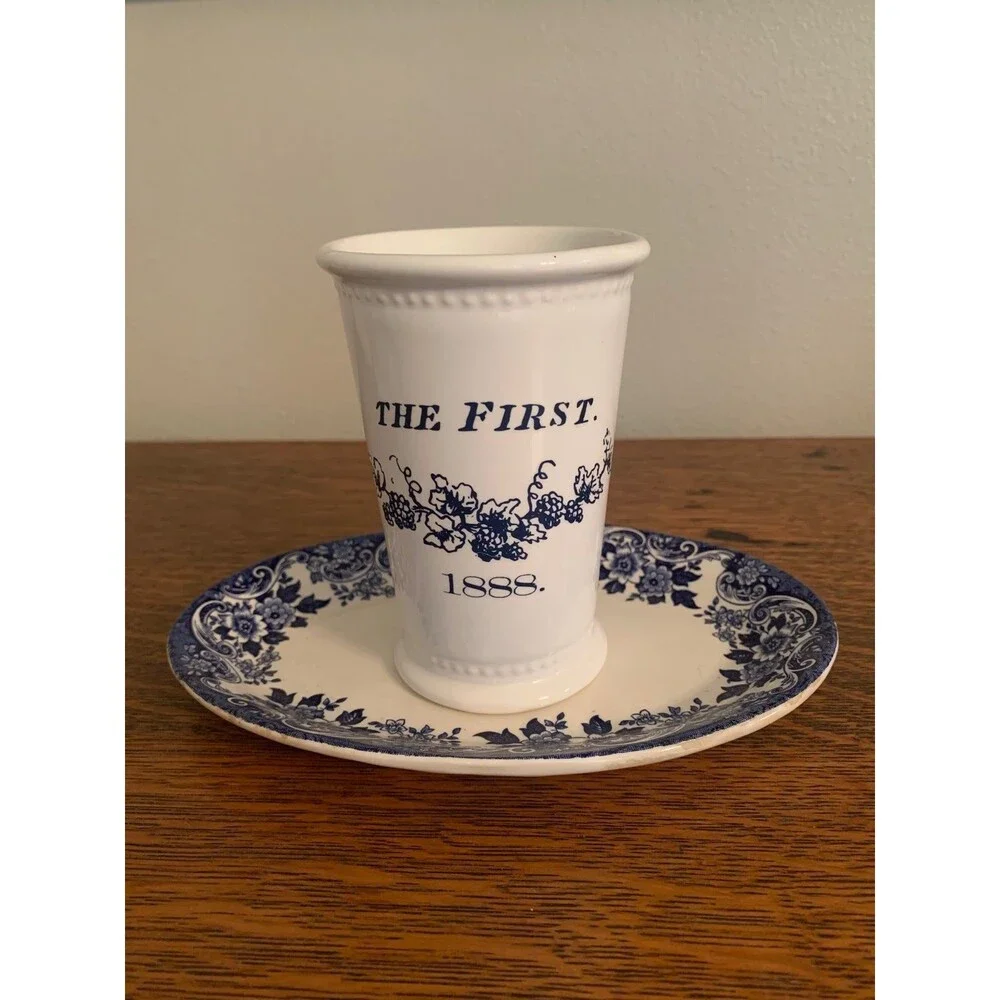 Vintage Small Ceramic White Vase with Blue Detail Home Decor Cottage Farmhouse